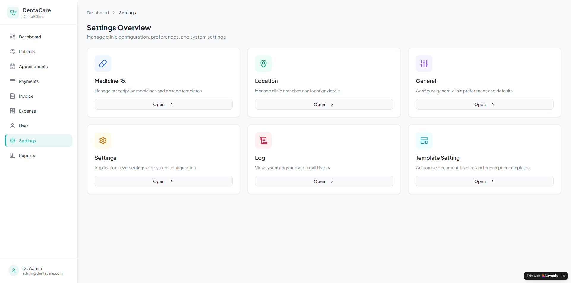 System & Practice Settings